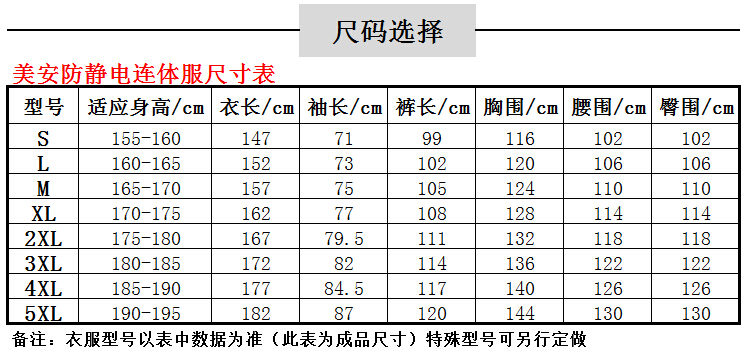 防靜電連體服尺碼表