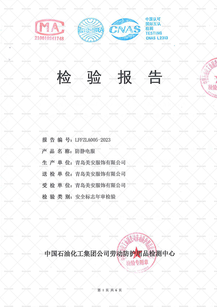 勞安年檢防靜電服二連體檢測報告（東營）-1